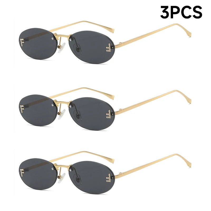 Fashion Rimless Sunglasses Women UV400 - Oval Elegant Diamond Retro Eyewear 3PCS Set