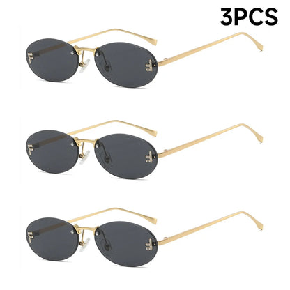 Fashion Rimless Sunglasses Women UV400 - Oval Elegant Diamond Retro Eyewear 3PCS Set