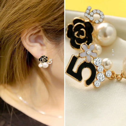 black rose pearl number 5 flower earrings enamel fashion camellia studs