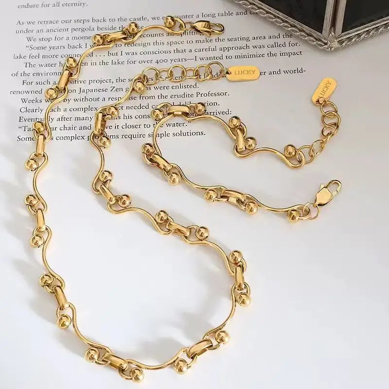 GANEMLY 316L Stainless Steel Metal Gold Color Beads Chain Necklace Bracelet Set For Women Trendy Chains Waterproof Jewelry New
