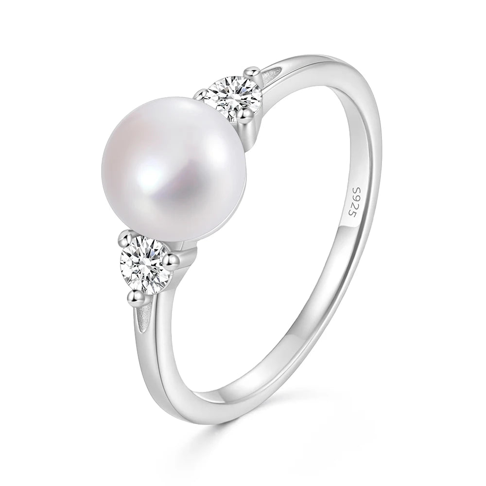 925 Sterling Silver Freshwater Pearl & Zircon Ring | Minimalist Wedding Band for Women