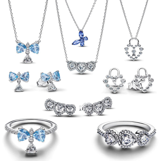 925 Sterling Silver Blue Bow Zircon Fine Jewelry | Earrings, Necklace & Ring for Women
