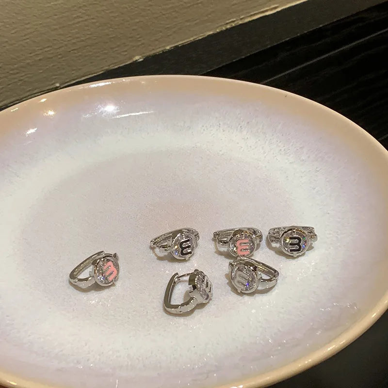 Trendy Sterling Silver Letter M Colour Crystal Hoop Earring for Women Korean Charm Hip-hop Jewelry Accessory Gift No Allergy