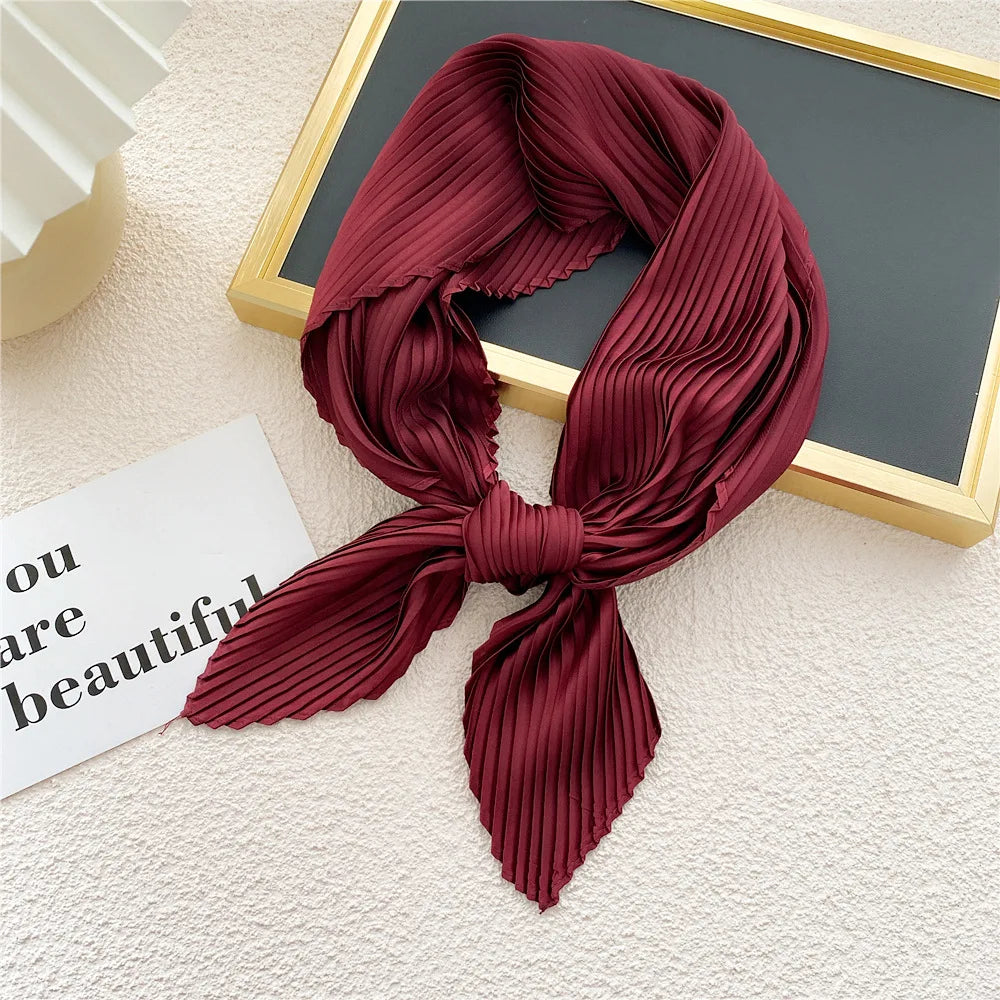 New Floral Print Pleated Silk Scarf Square Neck Scarves Crinkle Hair Bands Scarf Bandana Satin Hijab Head Wraps Neckerchief