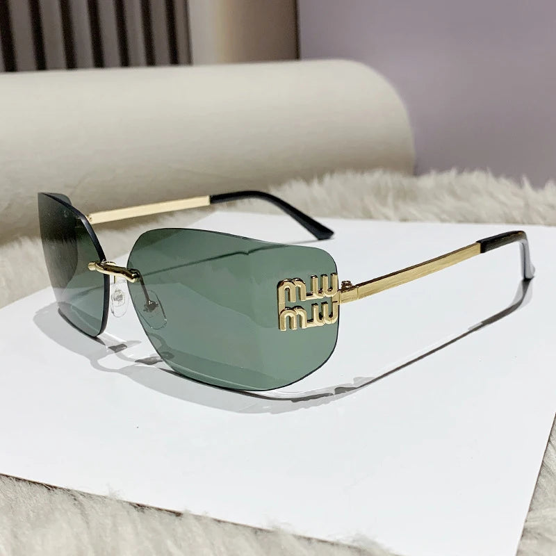 1pc Classic Sun Glasses Female Funky Metal Luxury Rimless Sunglasses Women BrandDesigner Rivets Rectangle Gradient Curved Shades