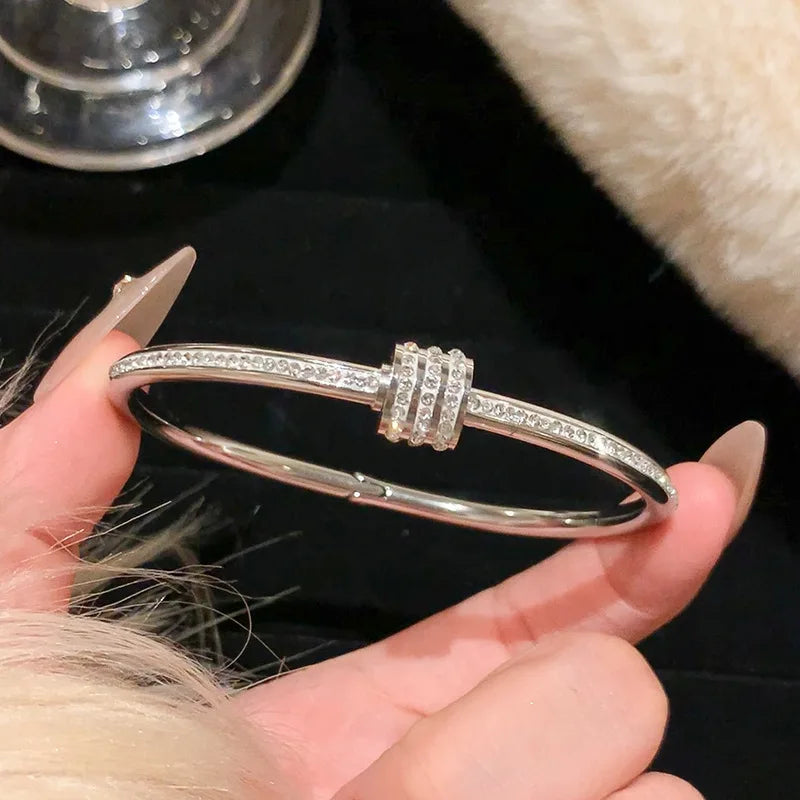 Titanium Steel Silver Bracelet - Classic Zircon Inlaid Bangle for Women