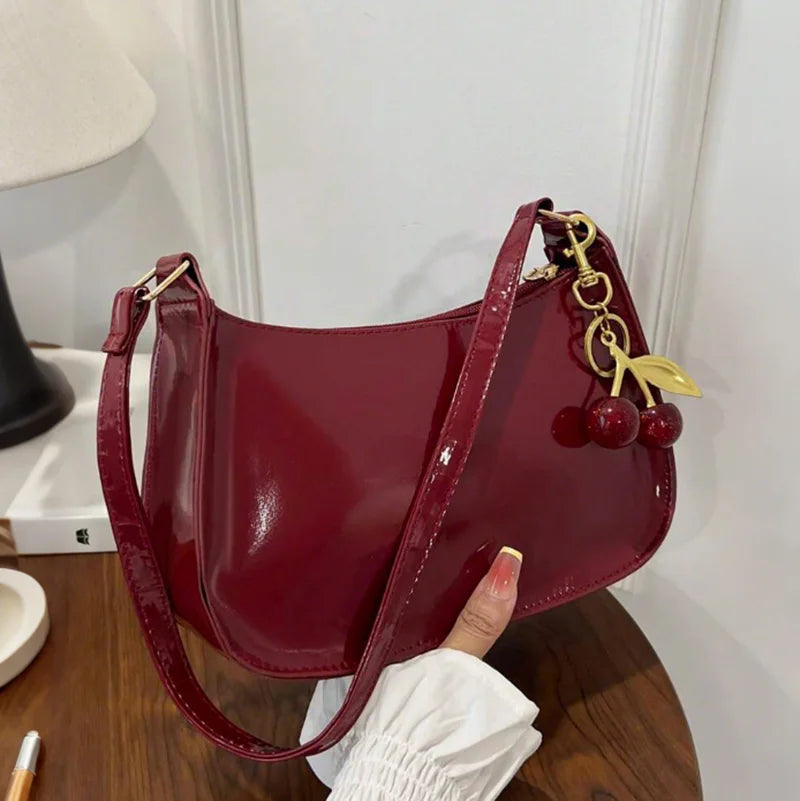 Vintage Retro Shoulder Bag - Designer PU Leather Crossbody with Cherry Charm