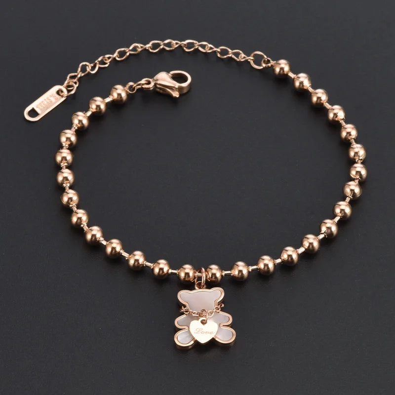 White Shell Cute Little Bear Peach Heart Stainless Steel Jewelry Set Necklace Earrings Bracelet or women