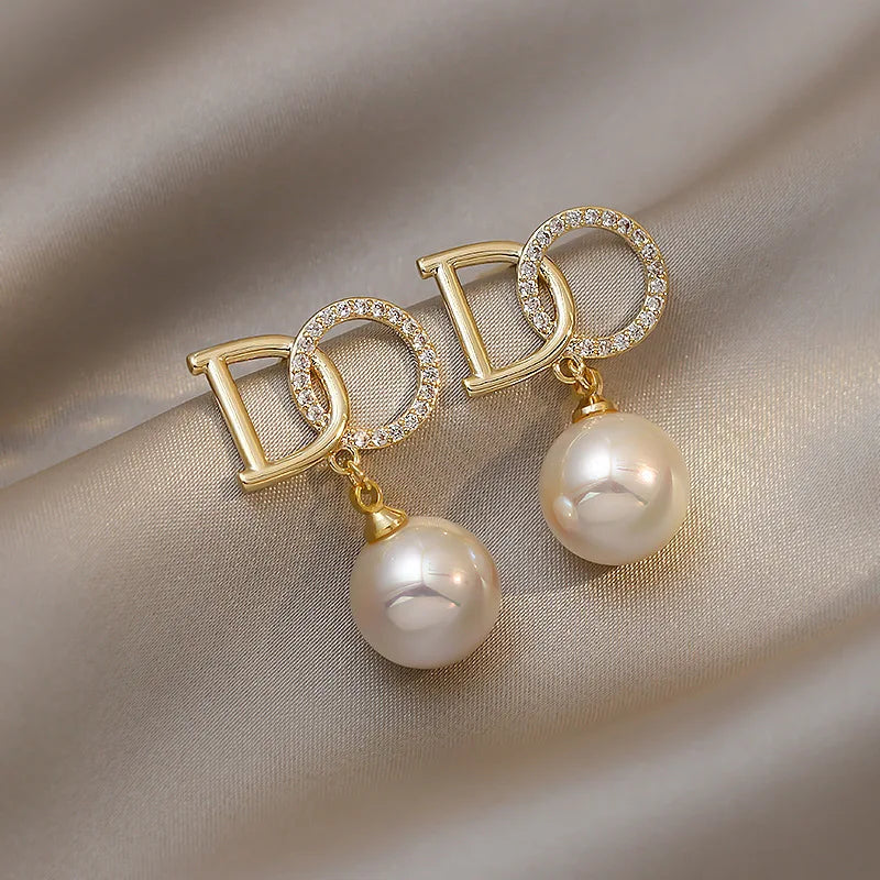 Rhinestone DO Letters Pearl Stud Earrings for Women — Luxury Party & Office Jewelry