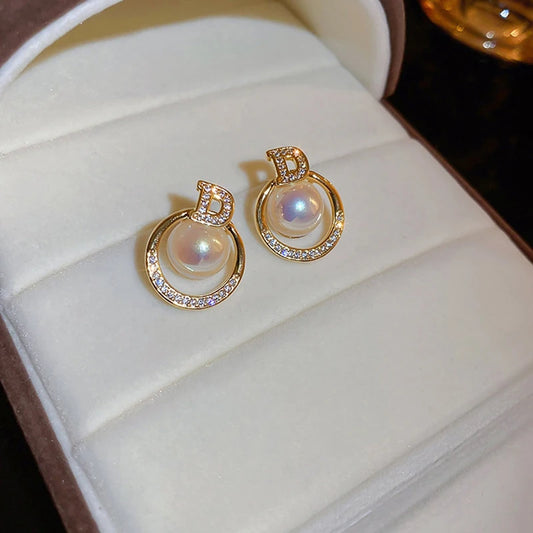 Luxury Zircon Pearl Drop Earrings For Women Girl 2024 Elegant Personality Shiny D Letter Stud Earring Fashion Jewelry