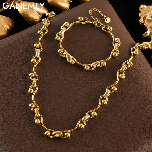 GANEMLY 316L Stainless Steel Metal Gold Color Beads Chain Necklace Bracelet Set For Women Trendy Chains Waterproof Jewelry New