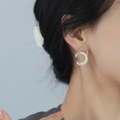 Delicate Mirco Inlaid Pearl Rhinestone Letter C-shaped Earrings Women Temperament Trendy Jewelry Gifts