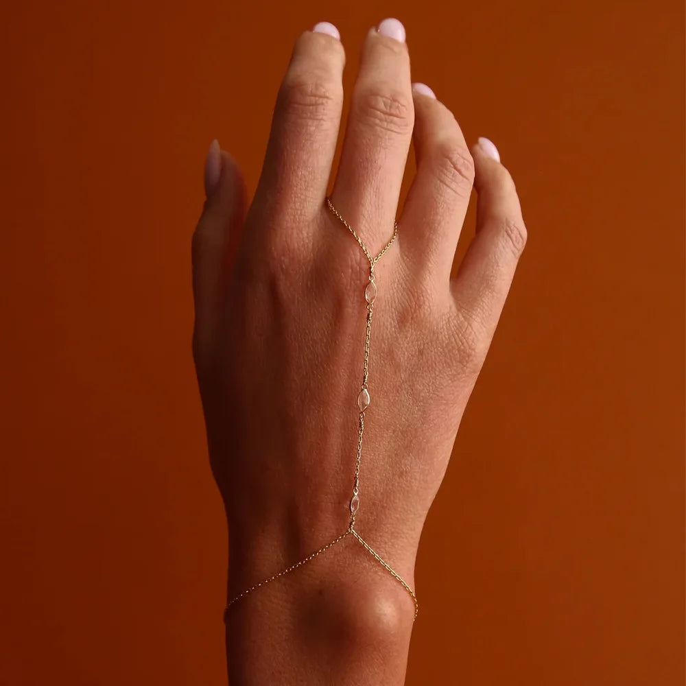 Waterdrop Crystal Hand Chain & Finger Ring Bracelet for Women — Gold & Silver
