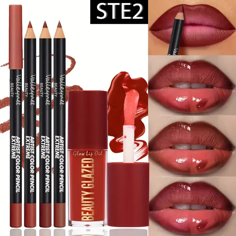 4-Piece Lip Kit Set — 3 Lip Liners + 1 Lip Glaze | Waterproof Matte Effect