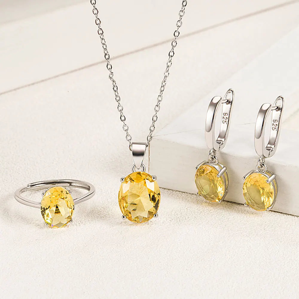 925 Sterling Silver Oval Zircon Jewelry Set | Necklace, Earrings & Adjustable Ring for Women