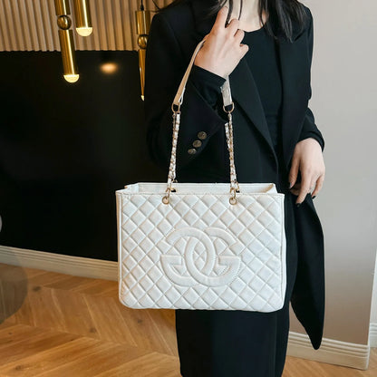 Designer Quilted Tote Bag - Fashion Letter Print Large Bag with Chain Strap