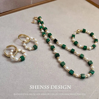 Natural Freshwater Pearl & Synthetic Malachite Jewelry | 14K Gold Plated Necklace, Bracelet & Earrings | Vintage Style