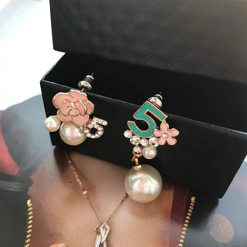 black rose pearl number 5 flower earrings enamel fashion camellia studs