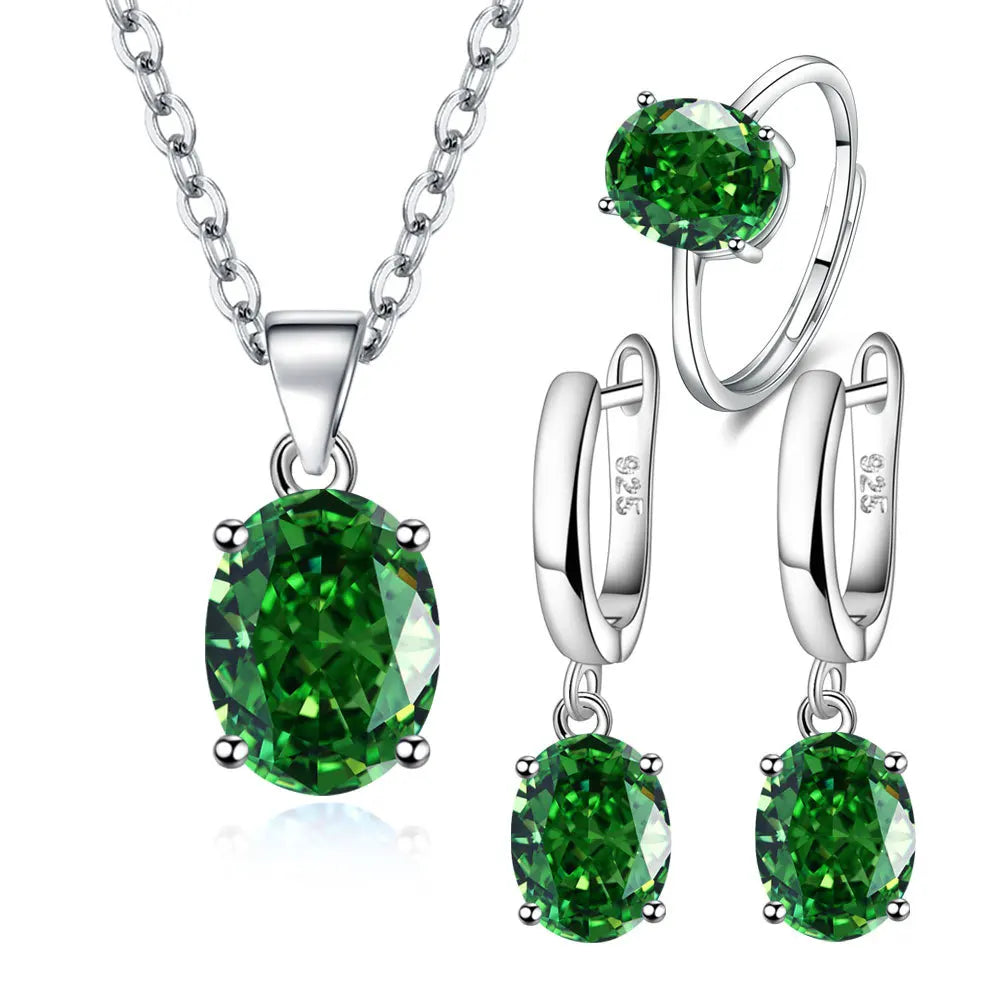 925 Sterling Silver Oval Zircon Jewelry Set | Necklace, Earrings & Adjustable Ring for Women