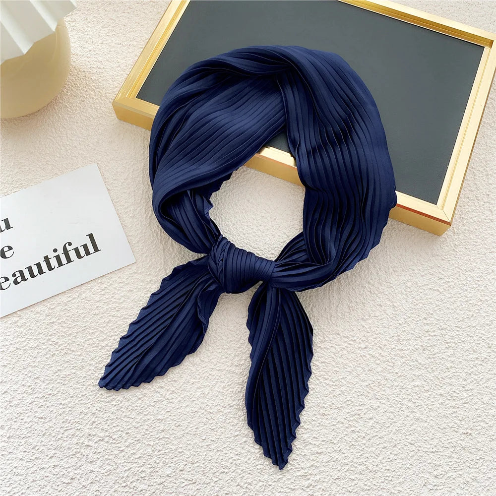 New Floral Print Pleated Silk Scarf Square Neck Scarves Crinkle Hair Bands Scarf Bandana Satin Hijab Head Wraps Neckerchief