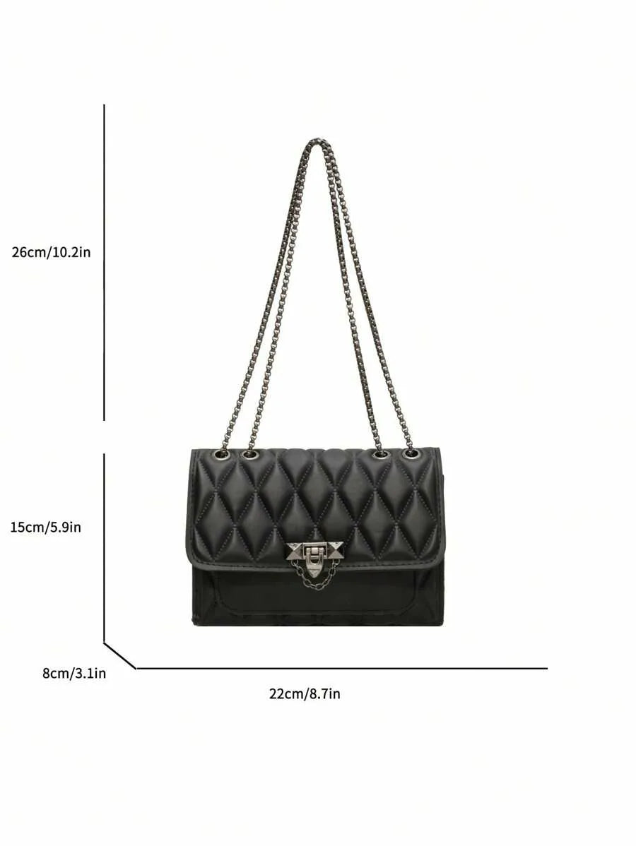 1 simple and stylish diamond grid crossbody bag, metal chain shoulder bag, suitable for women's daily leisure use-A-DH