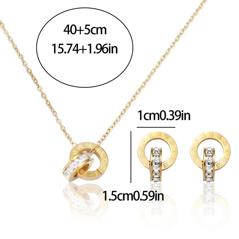Fashion Roman Digital Double Ring Pendant Necklace Bracelet Earrings Set - Korean Style Jewelry for Women