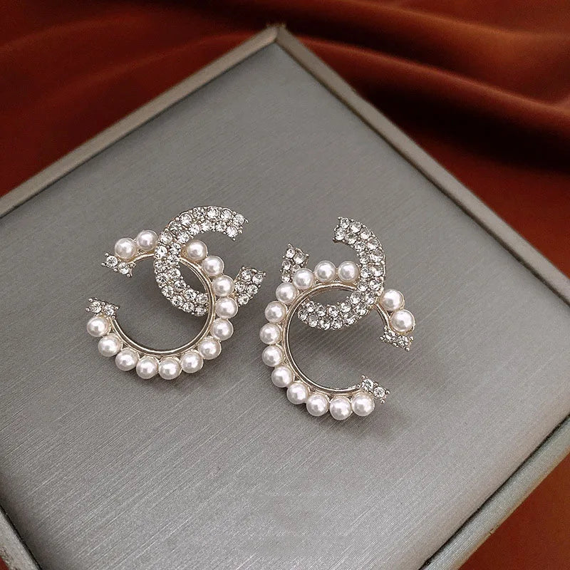 Delicate Mirco Inlaid Pearl Rhinestone Letter C-shaped Earrings Women Temperament Trendy Jewelry Gifts