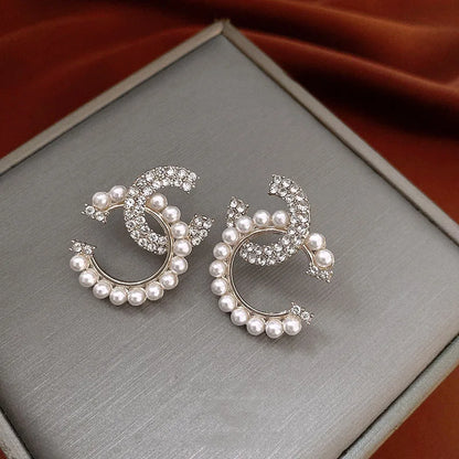 Delicate Mirco Inlaid Pearl Rhinestone Letter C-shaped Earrings Women Temperament Trendy Jewelry Gifts