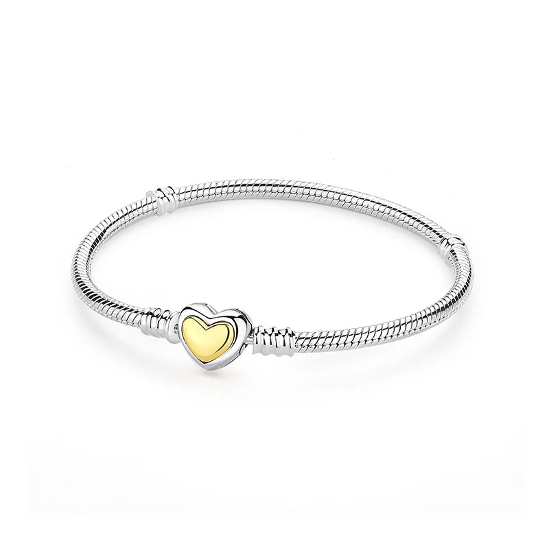 Original Sterling Silver Bracelet Love Heart Clasp Charms Beads Snake Chain Bracelets Bangles Luxury Jewelry For Women Gift