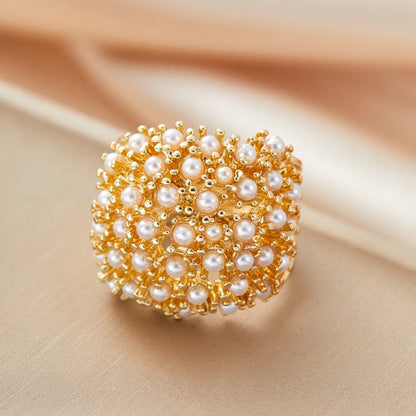 Trendy Hollow Pearl Inlay Ring for Women | Classic Gold Tone