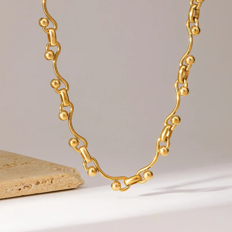 GANEMLY 316L Stainless Steel Metal Gold Color Beads Chain Necklace Bracelet Set For Women Trendy Chains Waterproof Jewelry New