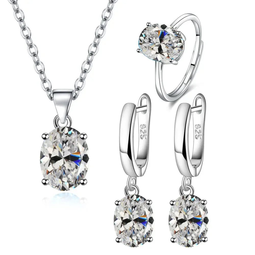 925 Sterling Silver Oval Zircon Jewelry Set | Necklace, Earrings & Adjustable Ring for Women