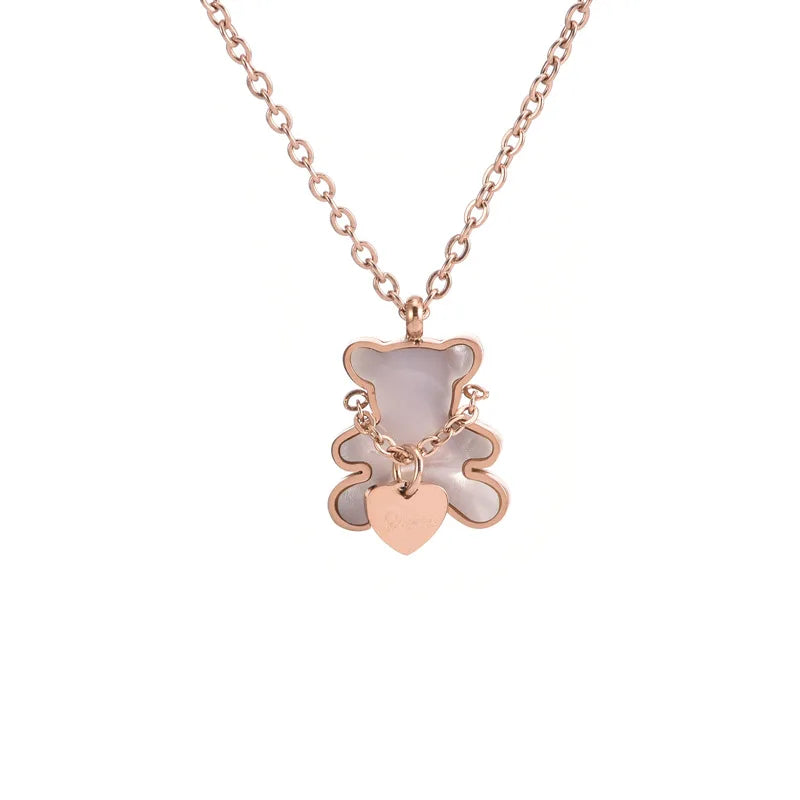 White Shell Cute Little Bear Peach Heart Stainless Steel Jewelry Set Necklace Earrings Bracelet or women