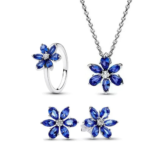 925 Sterling Silver Sparkling Blue Glass Flower Stud Earrings | Fine Jewelry Gift for Women