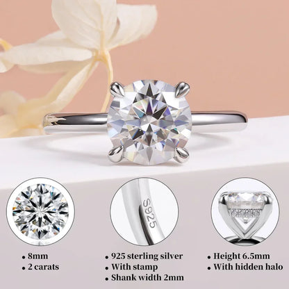 2ct Moissanite Solitaire Ring - 925 Sterling Silver, D Color VVS1, GRA & CMA Certified