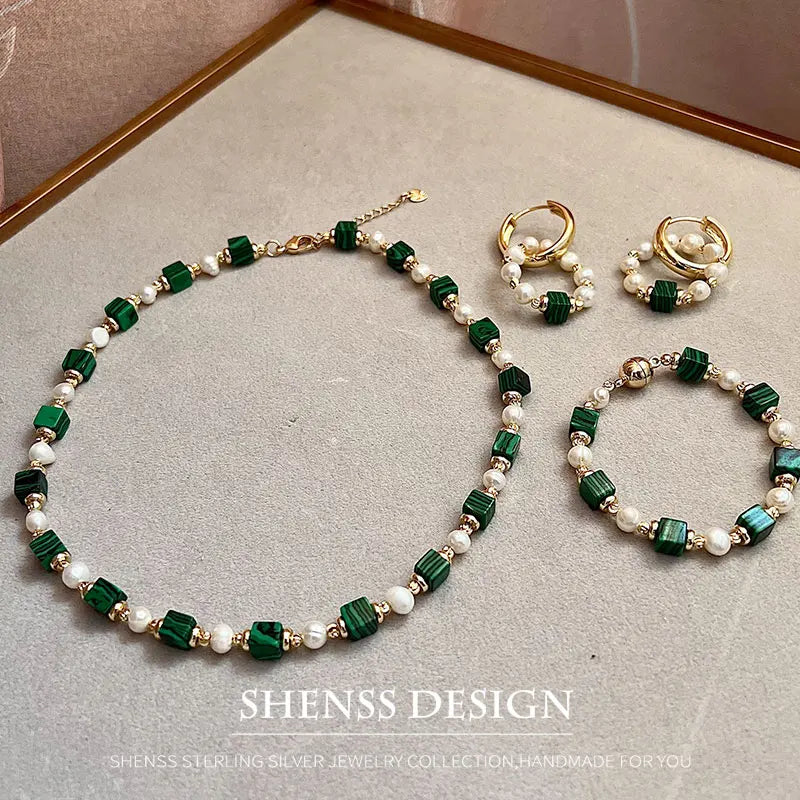 Natural Freshwater Pearl & Synthetic Malachite Jewelry | 14K Gold Plated Necklace, Bracelet & Earrings | Vintage Style