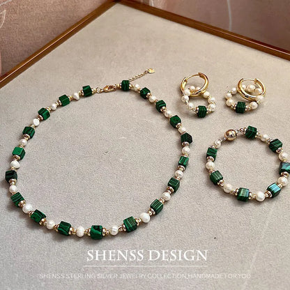 Natural Freshwater Pearl & Synthetic Malachite Jewelry | 14K Gold Plated Necklace, Bracelet & Earrings | Vintage Style
