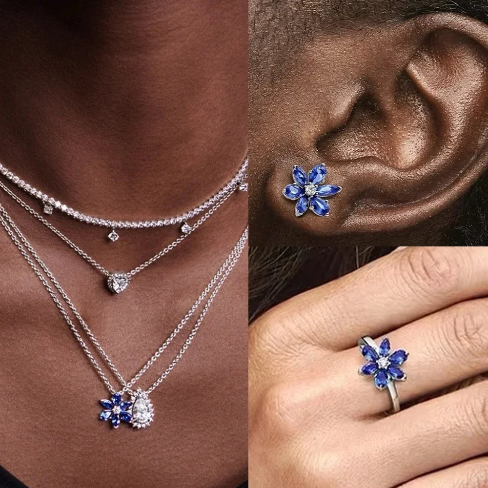 925 Sterling Silver Sparkling Blue Glass Flower Stud Earrings | Fine Jewelry Gift for Women