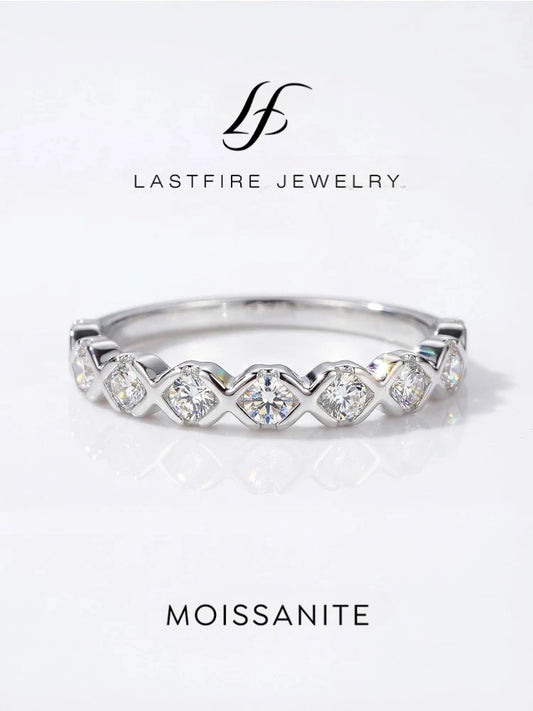Real Moissanite Ring - 925 Sterling Silver Hexagonal Sparkling Band