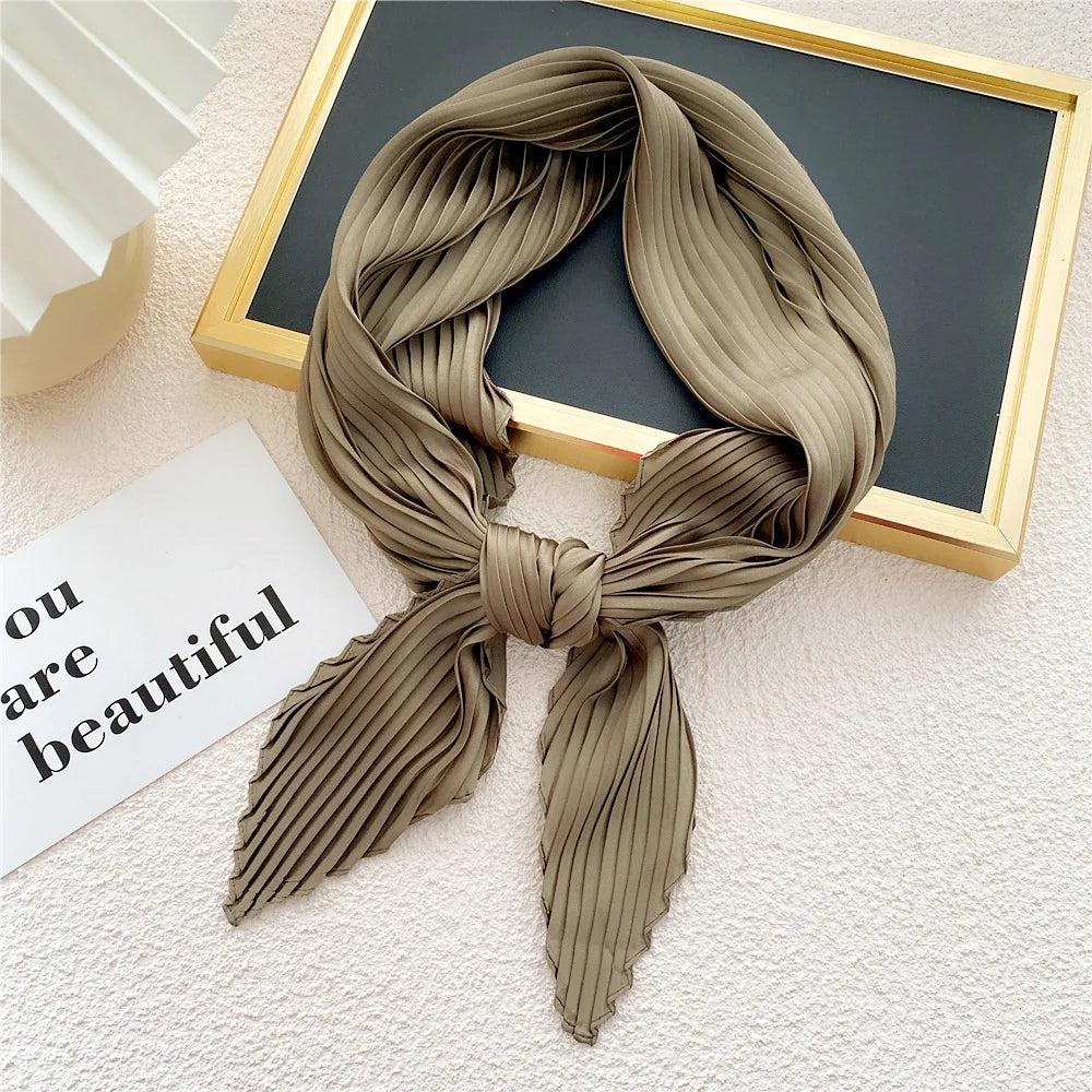 New Floral Print Pleated Silk Scarf Square Neck Scarves Crinkle Hair Bands Scarf Bandana Satin Hijab Head Wraps Neckerchief
