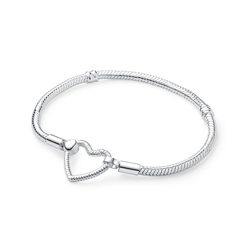 Original Sterling Silver Bracelet Love Heart Clasp Charms Beads Snake Chain Bracelets Bangles Luxury Jewelry For Women Gift