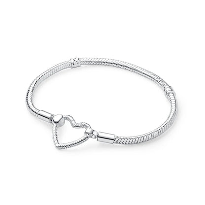 Original Sterling Silver Bracelet Love Heart Clasp Charms Beads Snake Chain Bracelets Bangles Luxury Jewelry For Women Gift