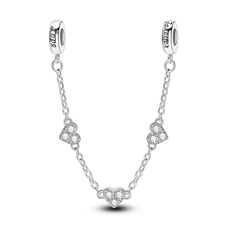 925 Sterling Silver Heart, Infinity & Triple Jewel Safety Chain Charm | Fits Pandora & Most Bracelets