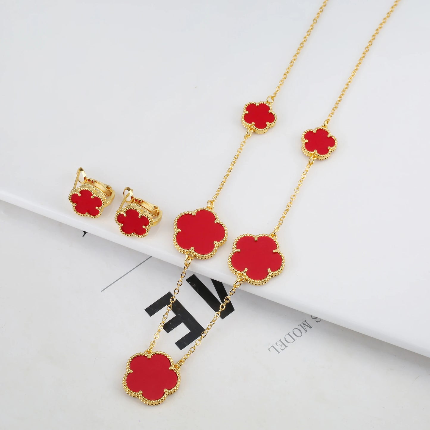 Plant Five Leaf Flower Double sided Plum Blossom Jewelry Set Necklace Earrings New Design Natural Stone Women High Quality Clove