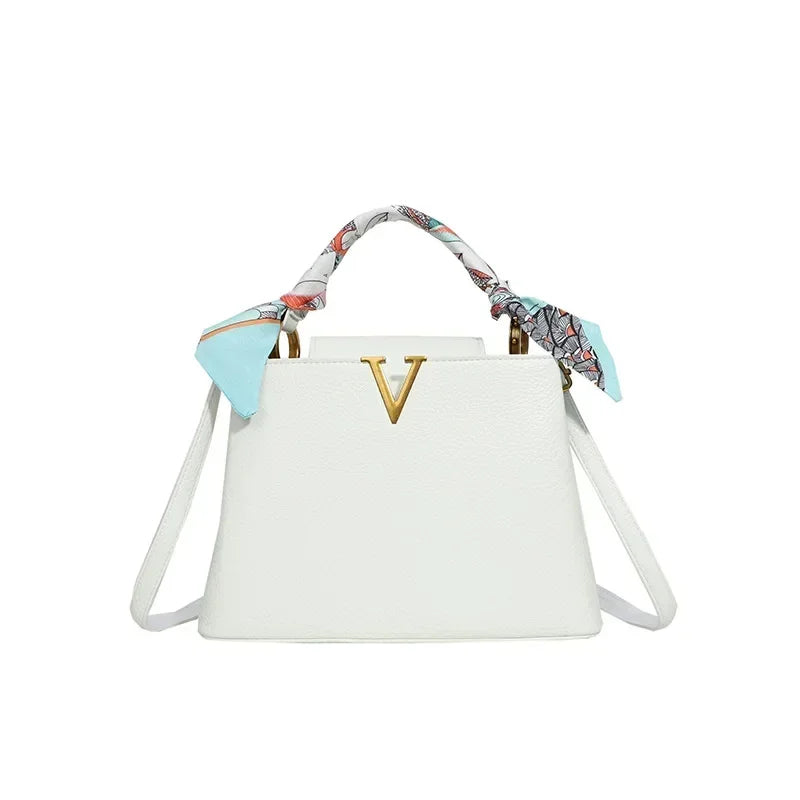 Luxury Ladies Crossbody Bag - Litchi Texture Leather with Silk Scarf