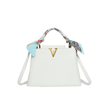 Luxury Ladies Crossbody Bag - Litchi Texture Leather with Silk Scarf