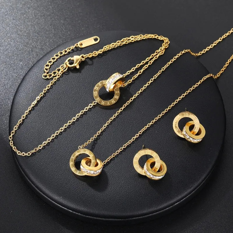 Fashion Roman Digital Double Ring Pendant Necklace Bracelet Earrings Set - Korean Style Jewelry for Women