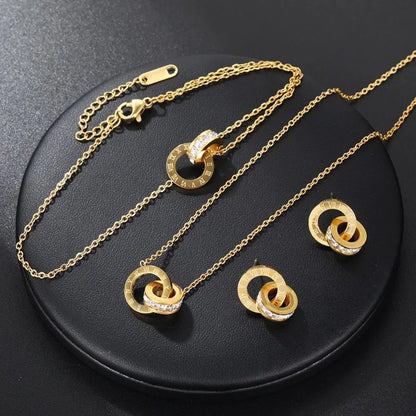 Fashion Roman Digital Double Ring Pendant Necklace Bracelet Earrings Set - Korean Style Jewelry for Women