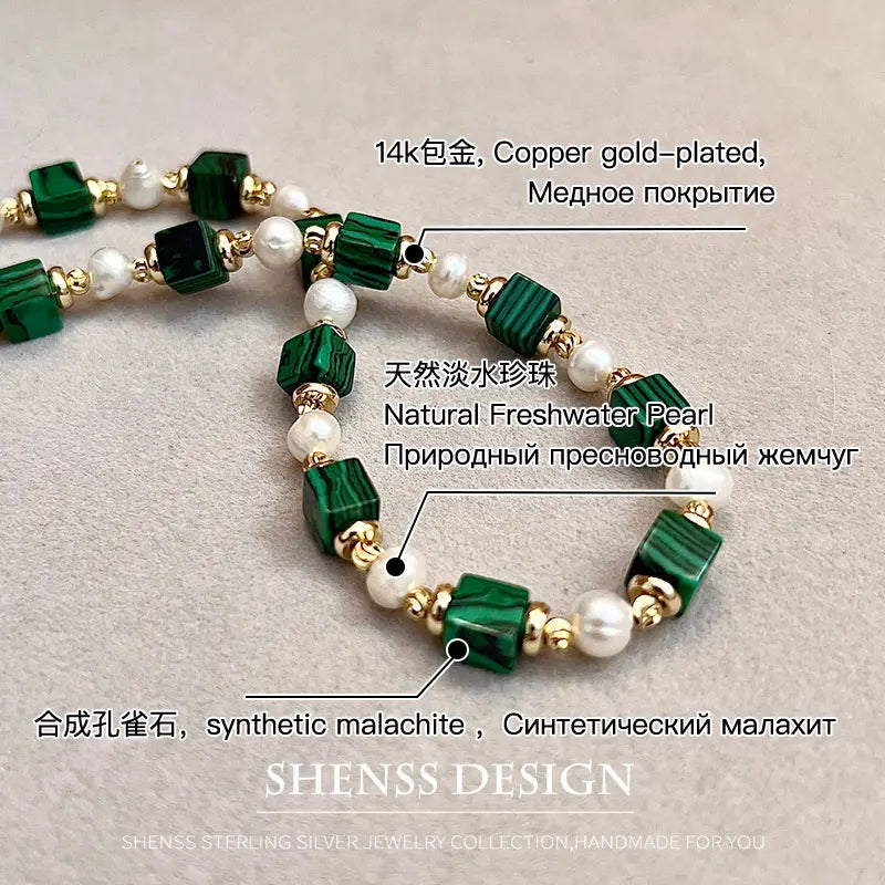 Natural Freshwater Pearl & Synthetic Malachite Jewelry | 14K Gold Plated Necklace, Bracelet & Earrings | Vintage Style