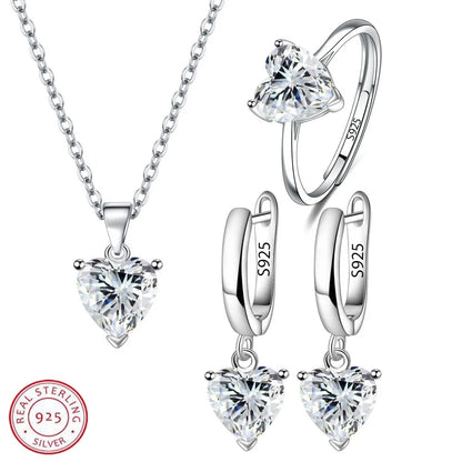 925 Sterling Silver Heart Zircon Jewelry Set | Ring, Earrings & Necklace for Women